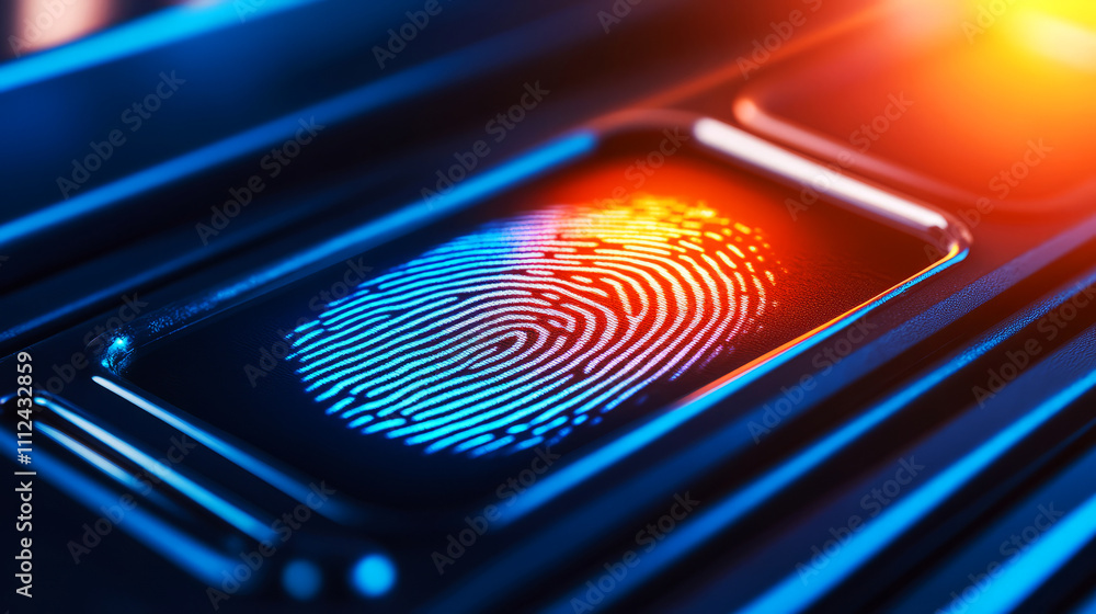 Aufkleber close-up view of digital fingerprint on touchscreen with glowing background effects