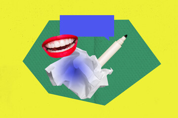 Composite sketch design artwork 3D photo collage of abstract anonymous mouth lips paper ball trash...