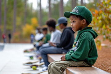 Young Child in Green Hoodie Sitting on Bench