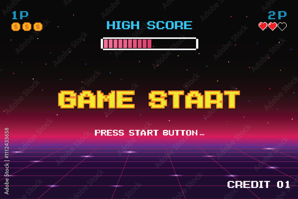 Aufkleber game start. pixel art. 8 bit game. retro game. for game assets in vector illustrations. arcade gamin
