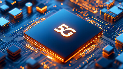 Futuristic 5G Technology Chip with Circuit Board and Glowing Connections