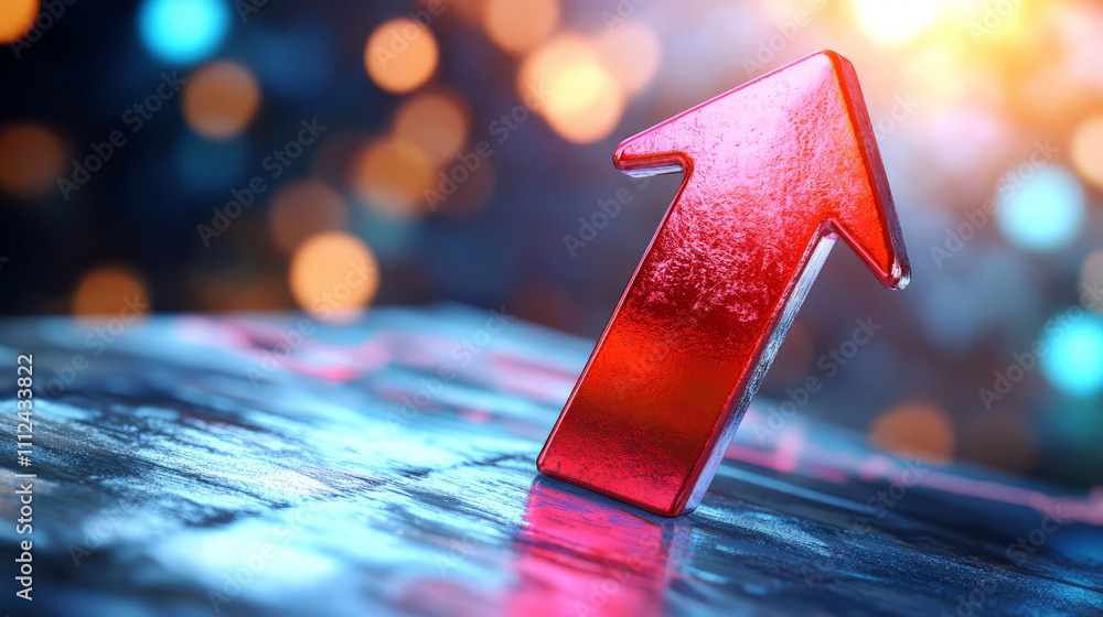 Poster vibrant red arrow symbolizing growth and progress on abstract background with bokeh effects