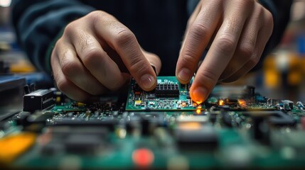 Fototapeta premium Intricate Technology: Repairing Circuit Board with Precision
