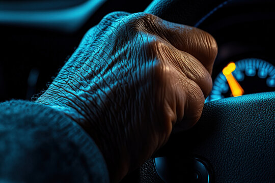 a detailed photograph focused on the wrinkled hand of an elderly person gripping a steering wheel