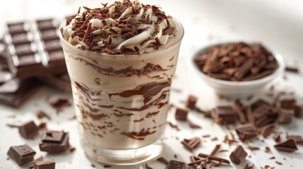 A chocolate milkshake with chocolate shavings on top, isolated on a white background
