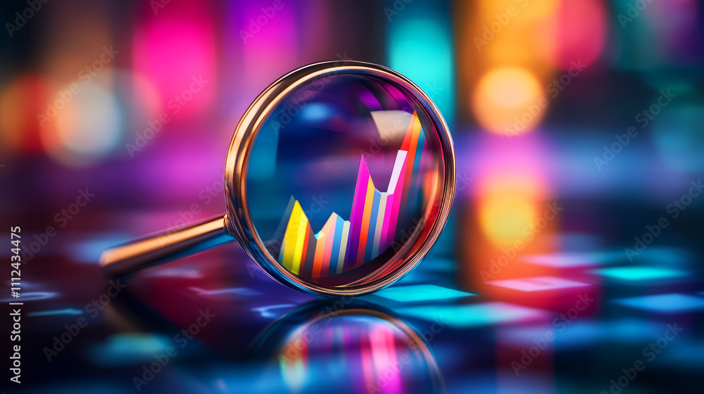Poster colorful bar graph under magnifying glass with abstract background and bright bokeh lights