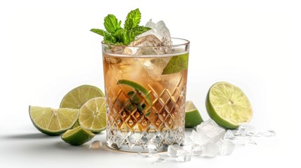 Fototapeta premium A classic mojito cocktail with mint leaves and lime slices, isolated on white background