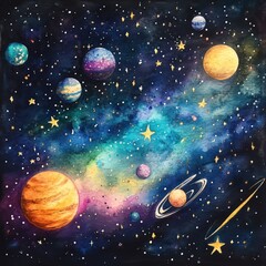 A vibrant galaxy, with stars and planets