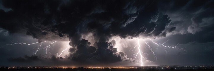 Dark storm cloud with flashes of lightning illuminating the darkness, dark shadows, lightning flash