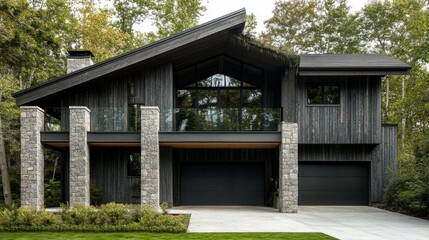 New construction home exterior with contemporary house plan  features gray wood siding, stone columns and two garage spaces. Northwest, USA