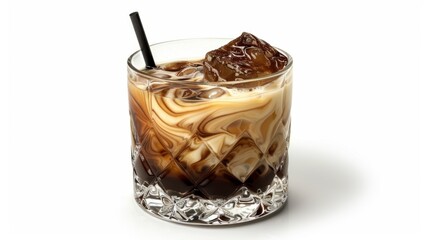 A clear glass of iced coffee with milk swirls, served with a straw, isolated on white
