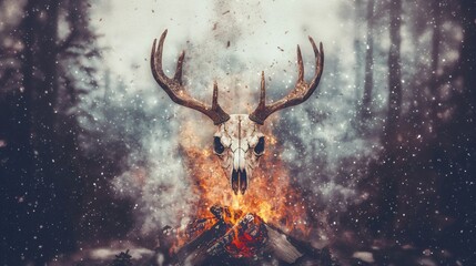 Elk skull with horns hovers over bonfire in snow in winter forest. Winter solstice holiday. Yule, Imbolc, Samhain. Wiccan pagan religion. Magic or esoteric dark ritual. Psychedelic ethnic element