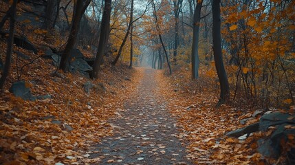 Obraz premium A serene forest path covered in autumn leaves, surrounded by trees, creating a peaceful and picturesque outdoor scene.