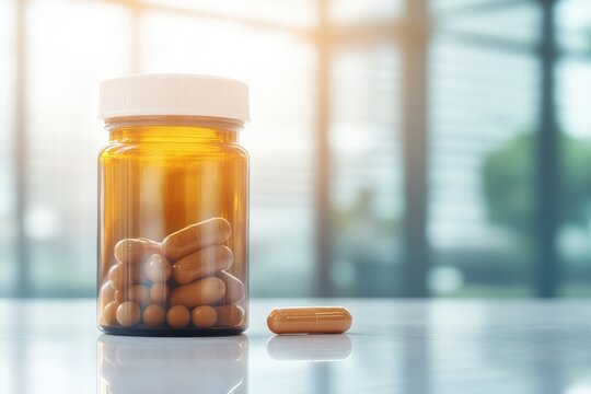 Modern Office Scene with Branded Medication Bottle - Healthcare & Pharmaceutical Themes