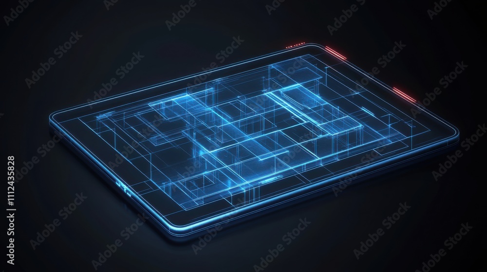 Poster futuristic digital tablet displaying 3d blueprint in neon light in a dark environment for technology