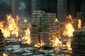 dramatic scene of stacks of money surrounded by flames, symbolizing wealth and chaos. glowing fire contrasts with crisp dollar bills, creating striking visual
