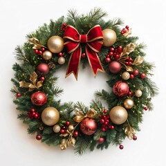 A vibrant Christmas wreath adorned with red and gold ornaments, holly berries, and an elegant bow. The lush green pine branches and soft lighting create a cozy festive ambiance.