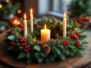 A vibrant Christmas wreath adorned with red and gold ornaments, holly berries, and an elegant bow. The lush green pine branches and soft lighting create a cozy festive ambiance.