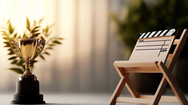 Golden Trophy and Clapperboard on Chair: Award Winning Film Success