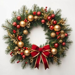 A vibrant Christmas wreath adorned with red and gold ornaments, holly berries, and an elegant bow. The lush green pine branches and soft lighting create a cozy festive ambiance.