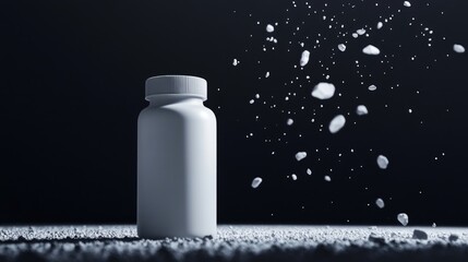 White pill bottle with pills spilling.
