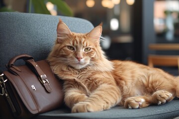 Portrait of Ginger Maine Coon cat lying on a modern chair. Next to it is a bag.