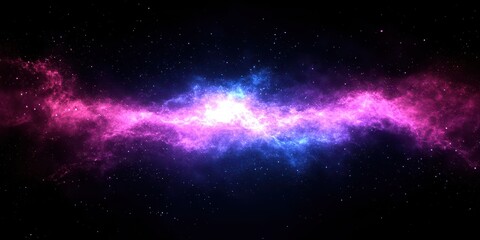 Glowing explosion of Holi powders in pink, purple, and blue creating a radiant cloud, cosmic atmosphere, space for text.