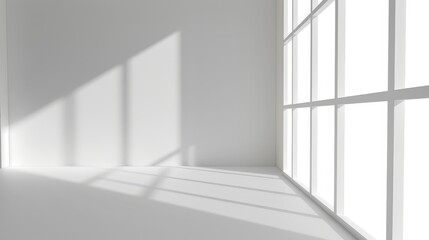 Obraz premium Minimalist white room with large window and sunlight streaming through