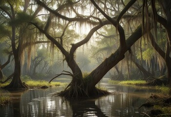 Coconut tree branches tangled with Spanish moss by the swamp, vegetation, environmental degradation, wilderness scene