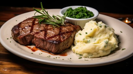mashed steak white plate