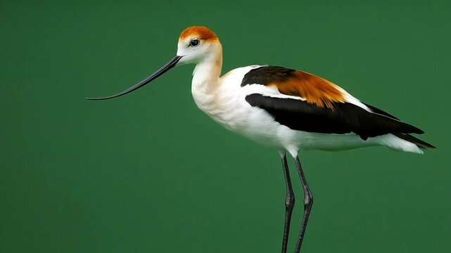 The American avocet stands against a green backdrop. the camera highlights the bird's intricate details. the graceful movements of the American avocet are captured. red crowned night heron