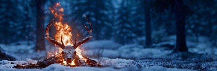 Elk skull with horns hovers over bonfire in snow in winter forest. Winter solstice holiday. Yule, Imbolc, Samhain. Wiccan pagan religion. Magic or esoteric dark ritual. Psychedelic ethnic element