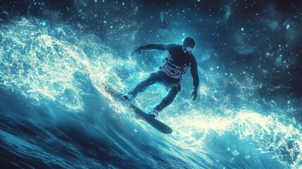 Surfer Riding Glowing Neon Wave Under Starry Night Sky in Futuristic Ocean Adventure