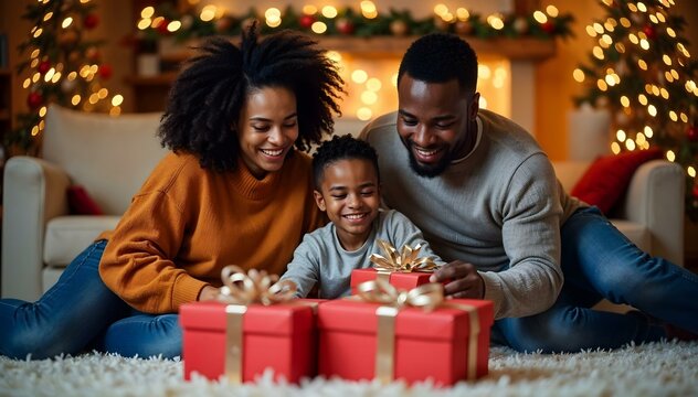 Happy family opening christmas presents at home