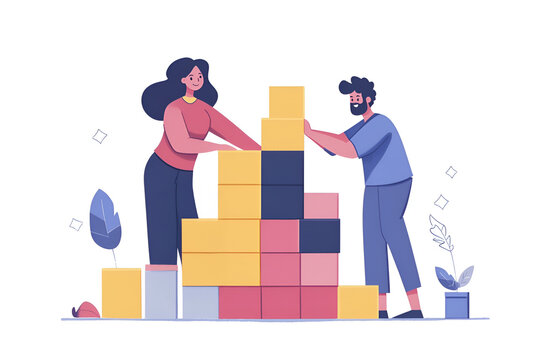 a man and a woman build from cubes. joint growth in everything