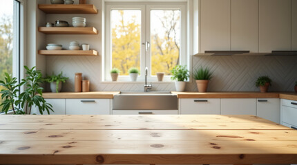 Modern kitchen interior with rustic wooden table and natural accents