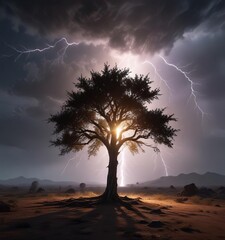 A bolt of lightning strikes a solitary tree in the midst of a dark and deserted landscape, lightning strike, isolated, dramatic lighting