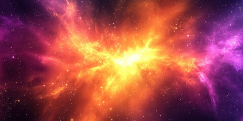 Fototapeta premium Radiant Holi explosion blending cosmic hues of orange, purple, and yellow, glowing atmosphere, space for text.