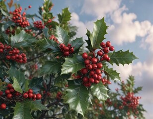 Fototapeta premium A festive holly bush with red berries against a winter sky, greenery, wintry scene