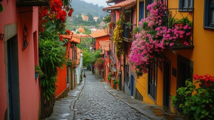 Fototapeta premium A picturesque cobblestone street lined with colorful houses and vibrant flowers in a charming village setting.
