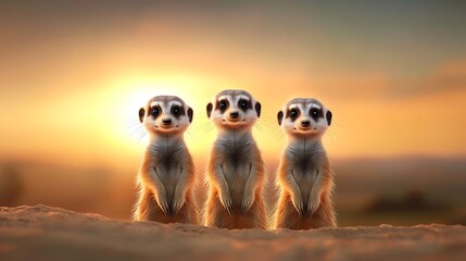 A group of playful meerkats standing upright in a zoo exhibit, with bright sunlight casting shadows on their small bodies, creating a sense of alertness and curiosity, capturing each whisker 