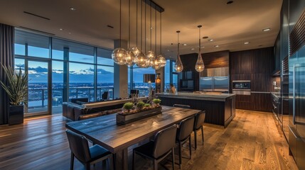 Fototapeta premium Dark home kitchen interior with eating table and chairs, side view hardwood floor. Dark eating and cooking corner with fridge, shelves and panoramic window on skyscrapers. 3D rendering