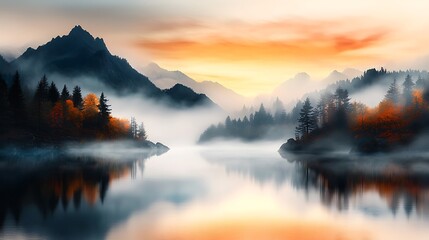 Misty lake at dawn, the water perfectly still and reflecting the surrounding towering cliffs and forests, with a soft fog hovering above the surface, creating an air of mystery and tranquility. 