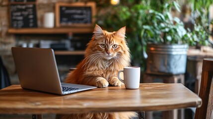 Ginger Maine Coon cat is sitting in a coffee shop with a coffee mug and laptop.