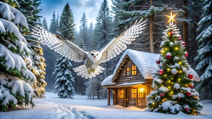 Snowy Owl Swooping Down Over a Christmas-Decorated Cabin House in the Forest, Celebrating the Joy of Winter Holidays and New Year in a Magical Seasonal Wonderland
