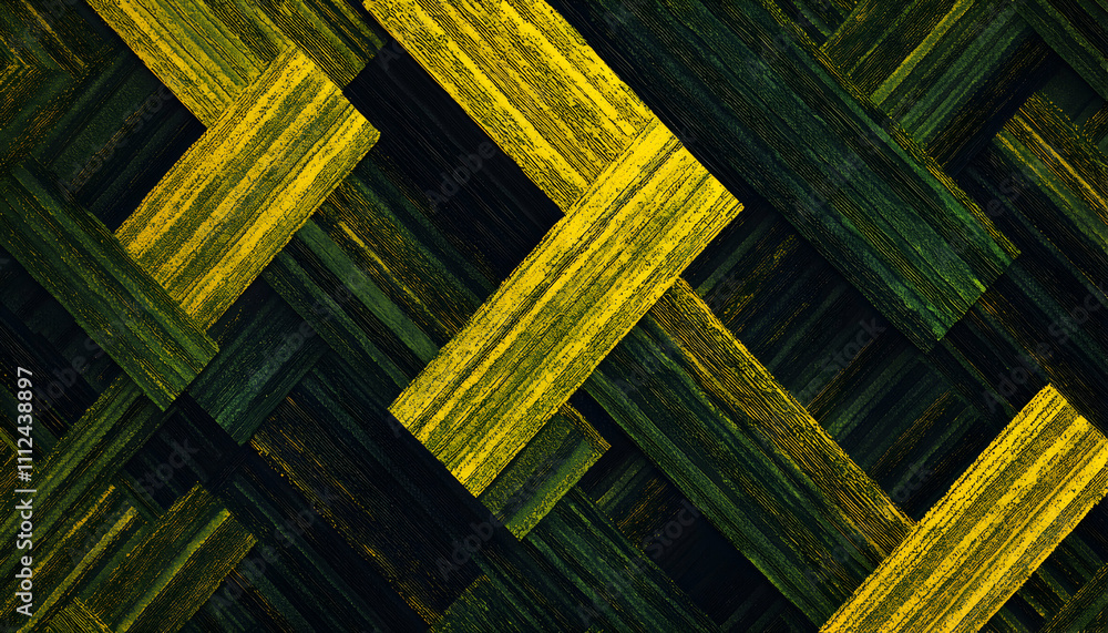 Poster Abstract diagonal wood texture; intersecting yellow and dark green planks create a striking visual pattern ideal for backgrounds or design elements.