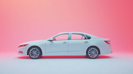 Fototapeta premium White sedan profile view on pink background.