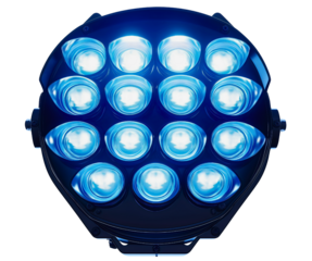 Professional LED spotlight array with vibrant blue beams, modern stage lighting technology for concerts and performances, powerful illumination equipment creating dazzling atmospheric display