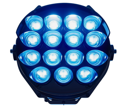 Professional LED spotlight array with vibrant blue beams, modern stage lighting technology for concerts and performances, powerful illumination equipment creating dazzling atmospheric display