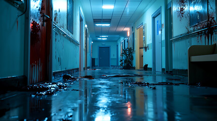 A hallway with a bloody door and a bloody wall